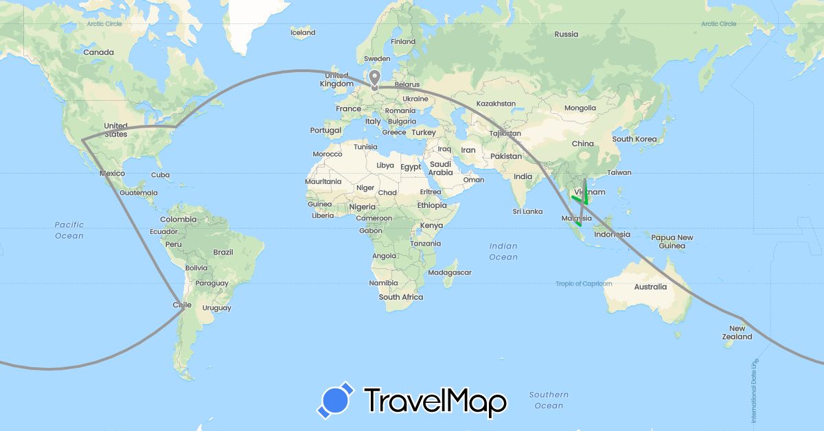 TravelMap itinerary: driving, bus, plane in Chile, Germany, Malaysia, Nepal, New Zealand, Singapore, Thailand, United States, Vietnam (Asia, Europe, North America, Oceania, South America)